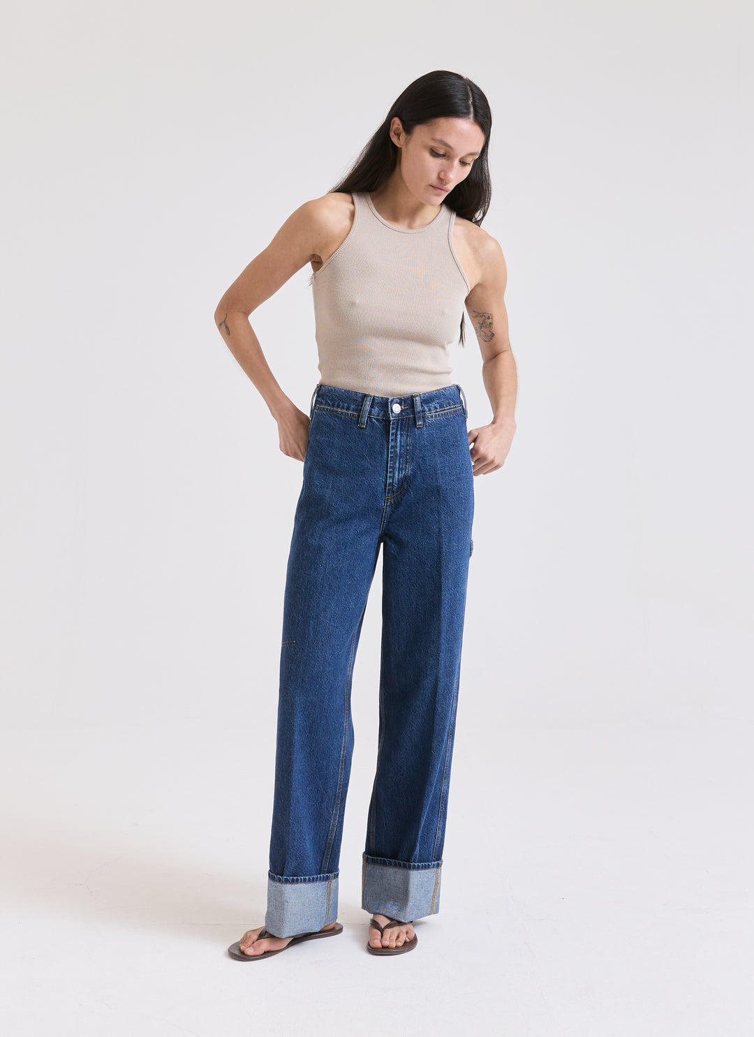 Cuffed Starch Jeans - Flat Blue