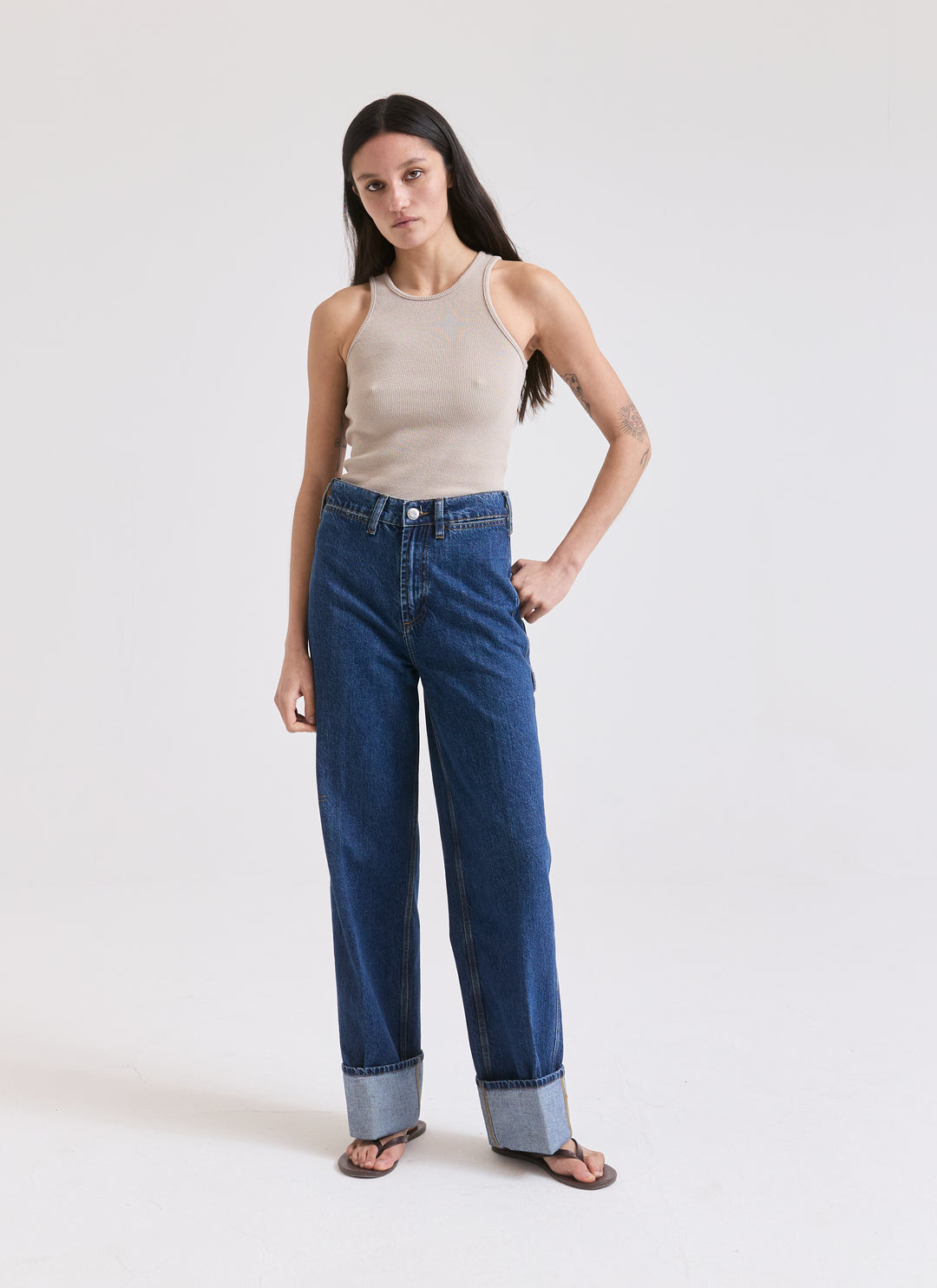Cuffed Starch Jeans - Flat Blue