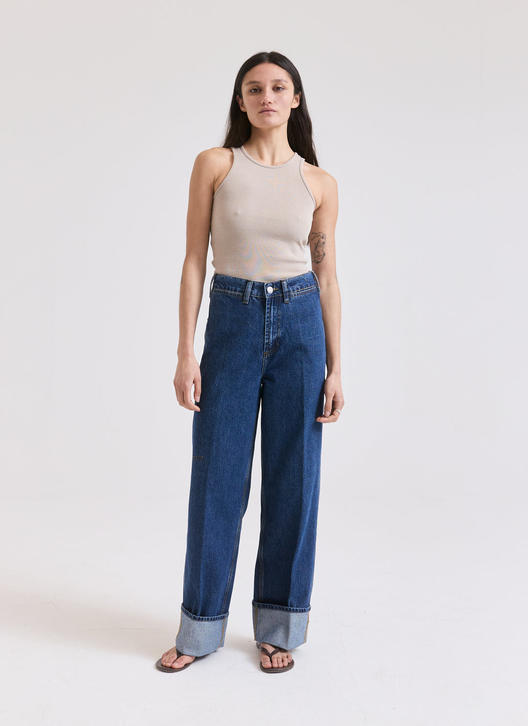 Cuffed Starch Jeans - Flat Blue